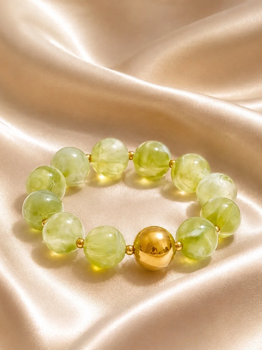Green Beaded Stretch Bracelet with Gold Accent